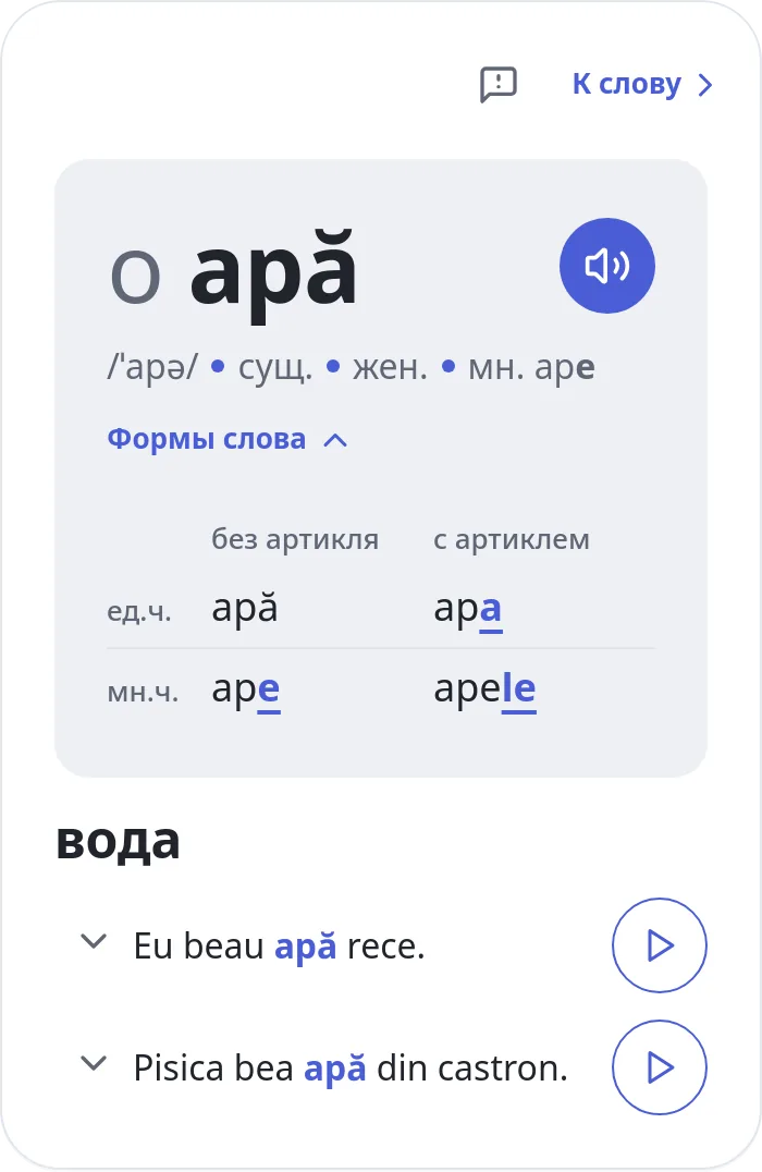 Карточка слова: артикль, транскрипция, формы с артиклем, перевод и примеры